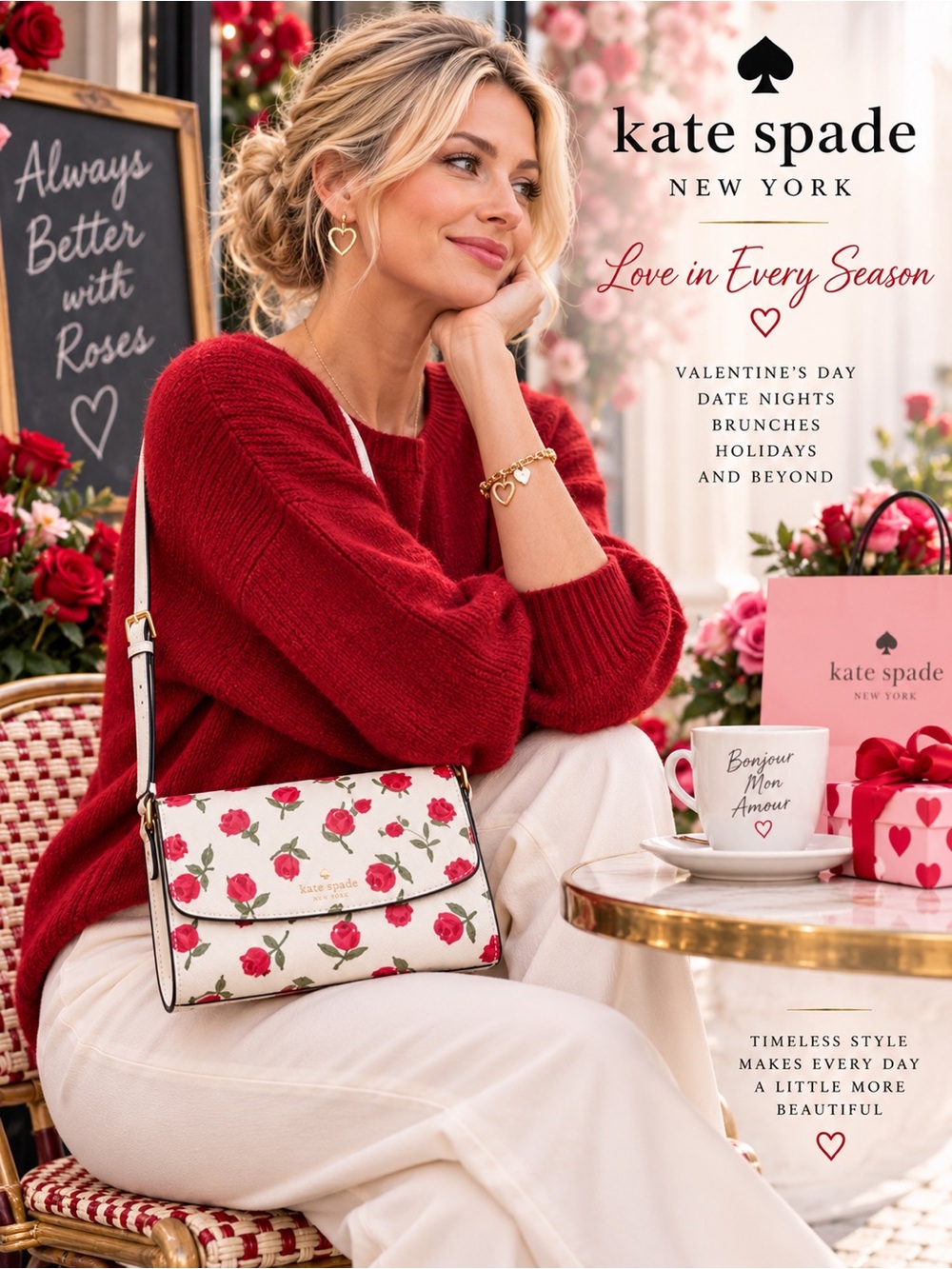 Kate Spade Dana Rose Crossbody Cream Red Floral Saffiano Leather Holiday Bag